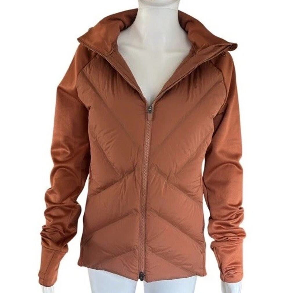 Athleta Inlet Jacket Women’s Small Rust Orange Goose Down Hooded Hybrid Puffer